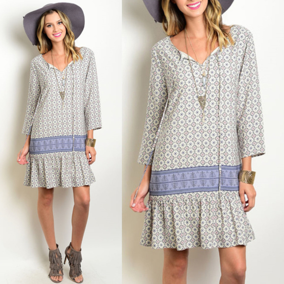 Dresses & Skirts - Boho Dropwaist Tile Print Shift Dress S
